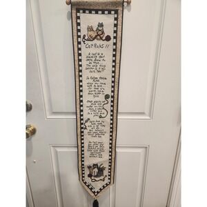 Vtg Linda Spivey Cat Rules Hanging Wall Tapestry Cottagecore Country 8.5" X 44"